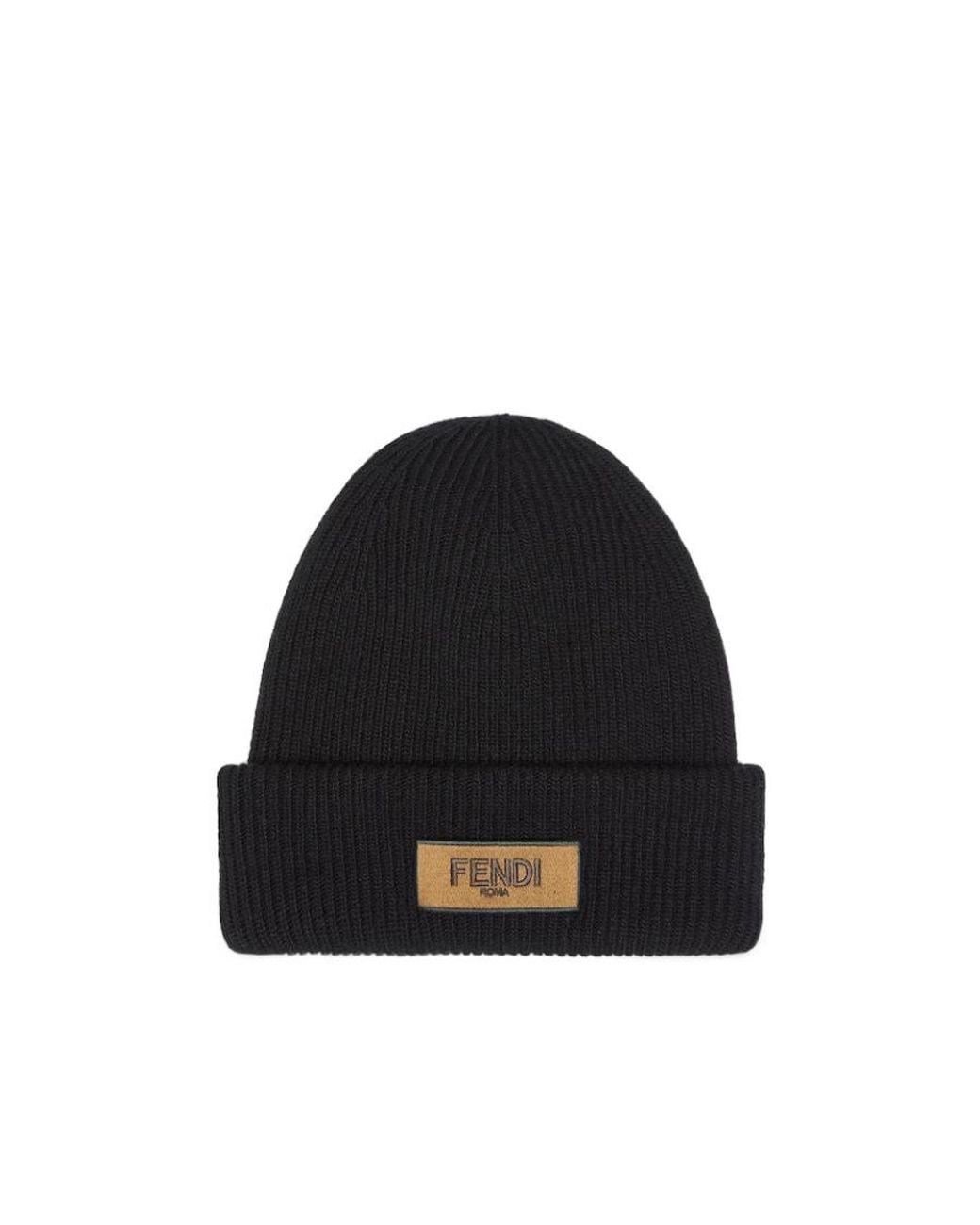Fendi Black Logo Patch Beanie for men