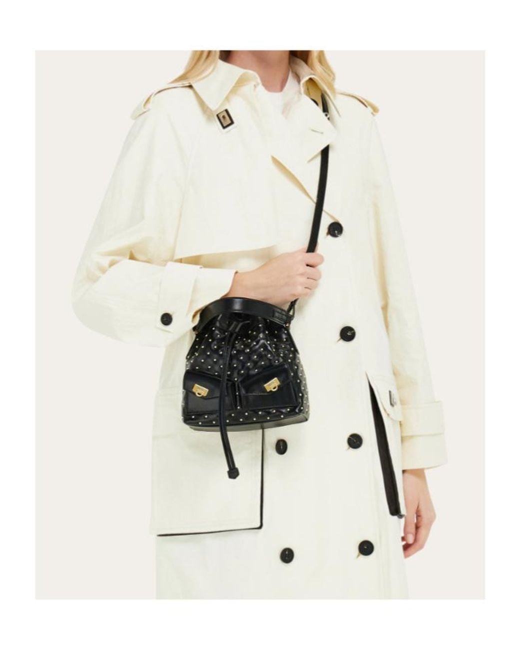 Ferragamo Black Ferragamo Studded Drawstring Bucket Bag
