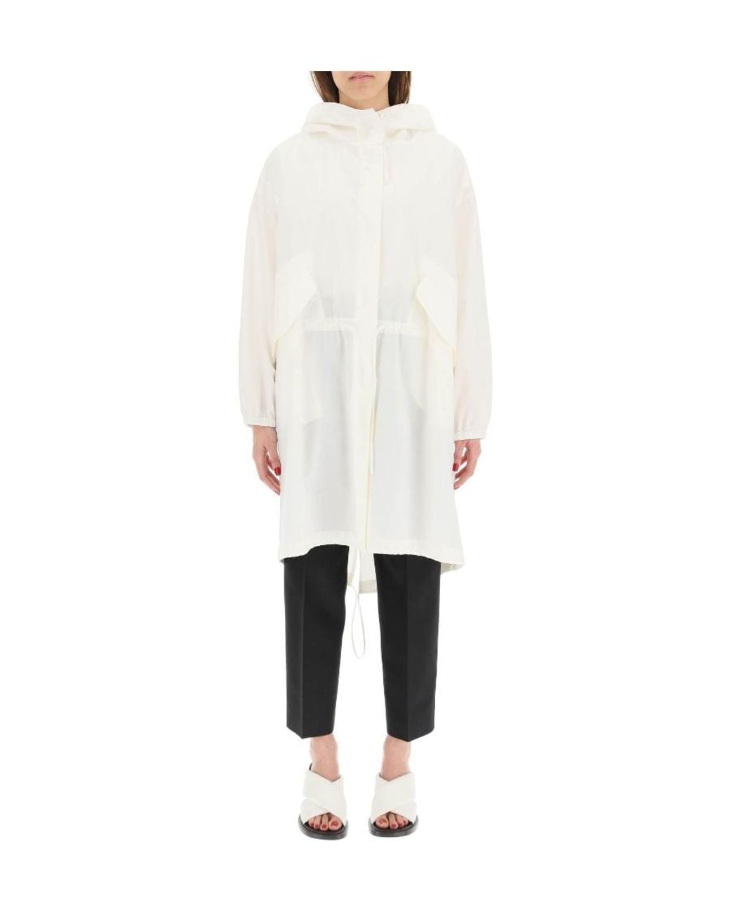 Jil Sander White Logo Printed Drawstring Hooded Coat