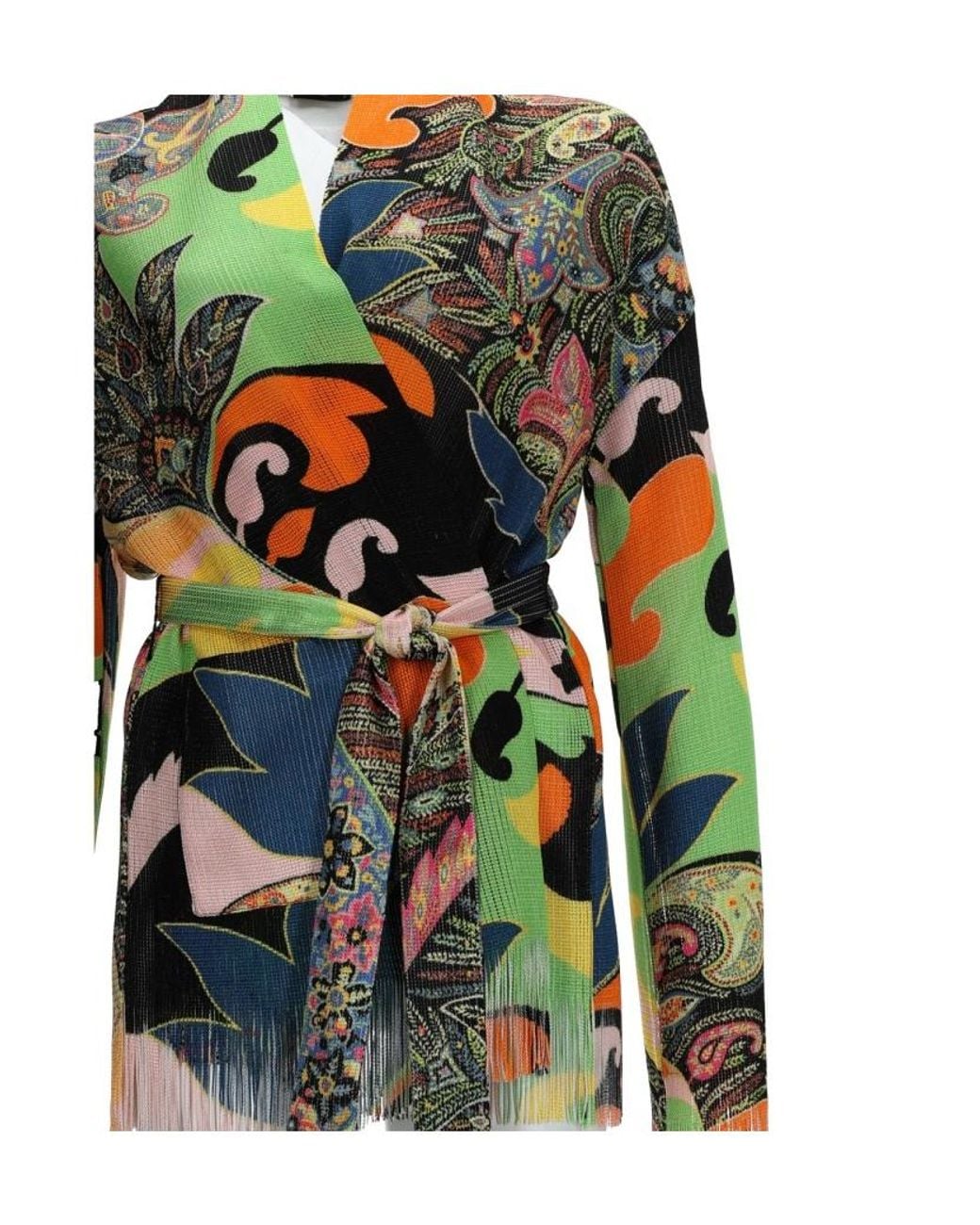 Etro Green Belted Wait Patterned Cardigan