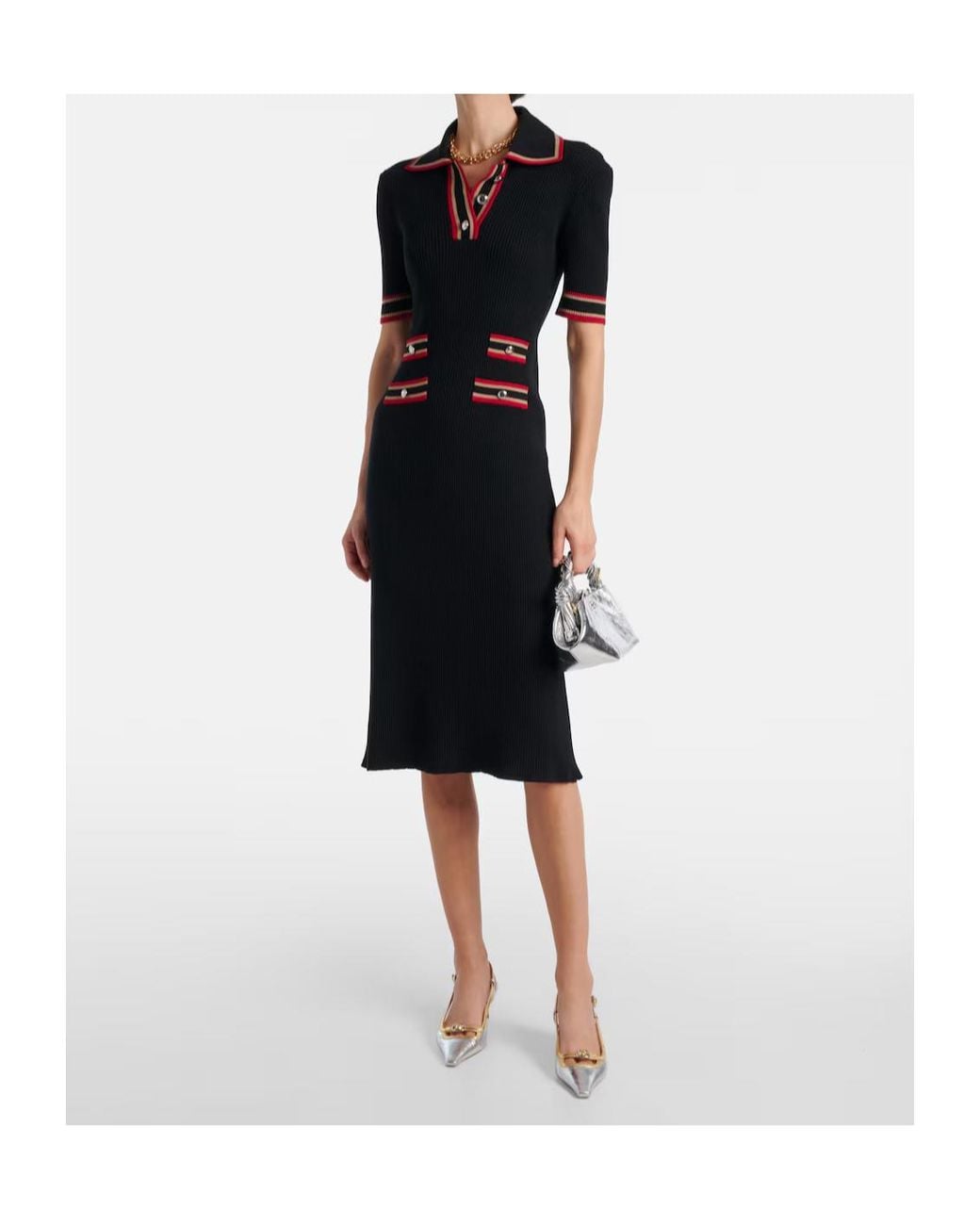 Alessandra Rich Black Ribbed-Knit Virgin Wool Polo Dress
