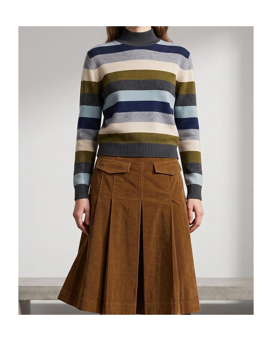 Tory Burch Blue Turtleneck Striped Knit Jumper