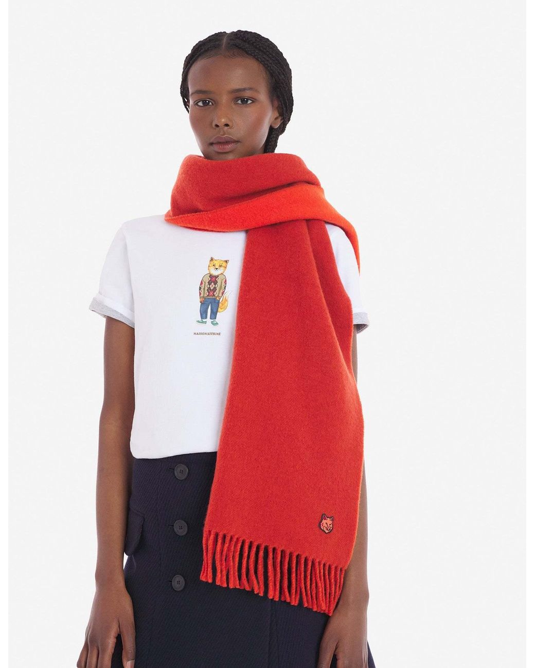 Maison Kitsuné Red Maison Kitsuné Logo Patch Fringed Knit Scarf for men