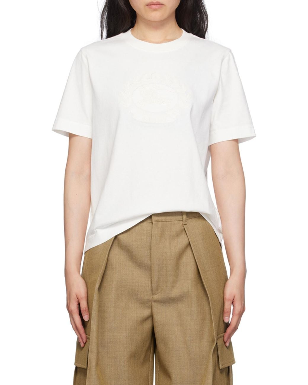 Burberry White Logo Embroidered Crewneck T-Shirt