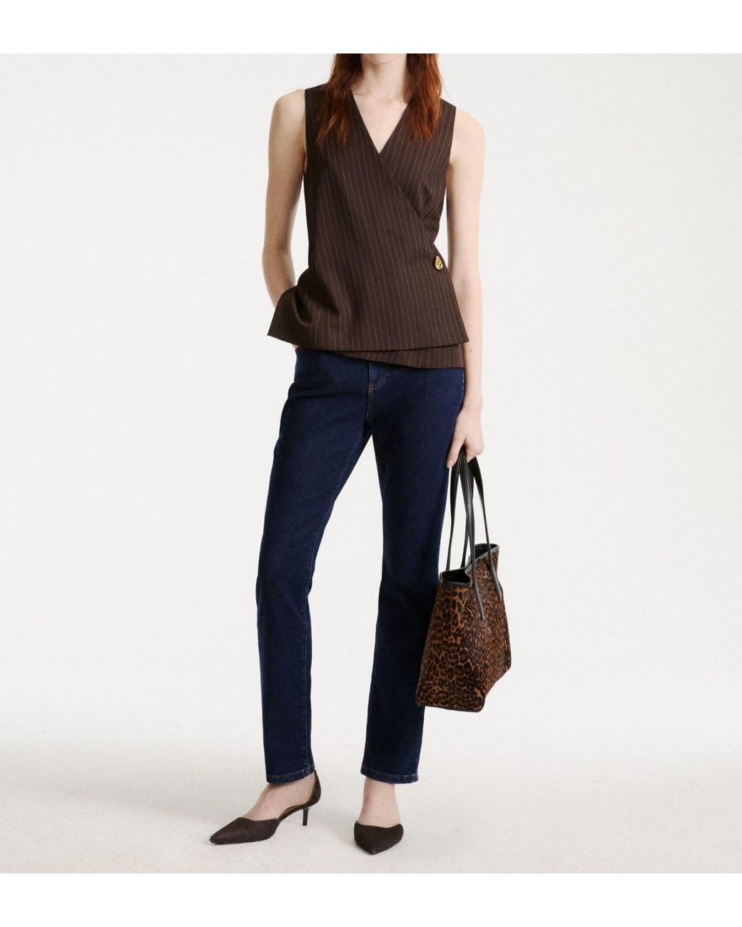 Marella Brown Ranghi Pinstripe Sleeveless Blazer