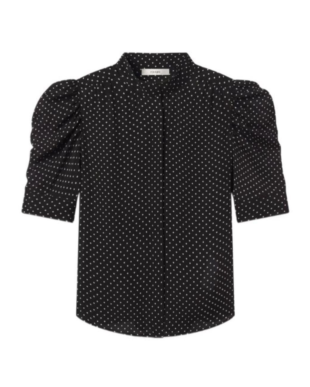 FRAME Black Ruched-Sleeve Polka Dot Top