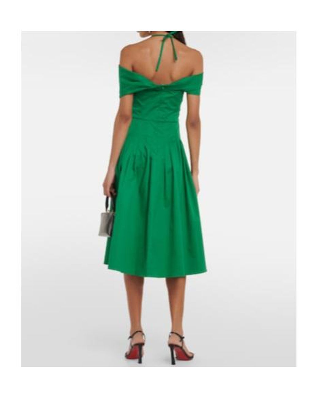 Oscar de la Renta Green Off-Shoulder Silk Midi Dress