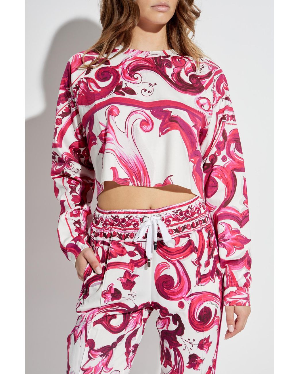 Dolce & Gabbana Pink Majolica Pattern Cropped T-Shirt