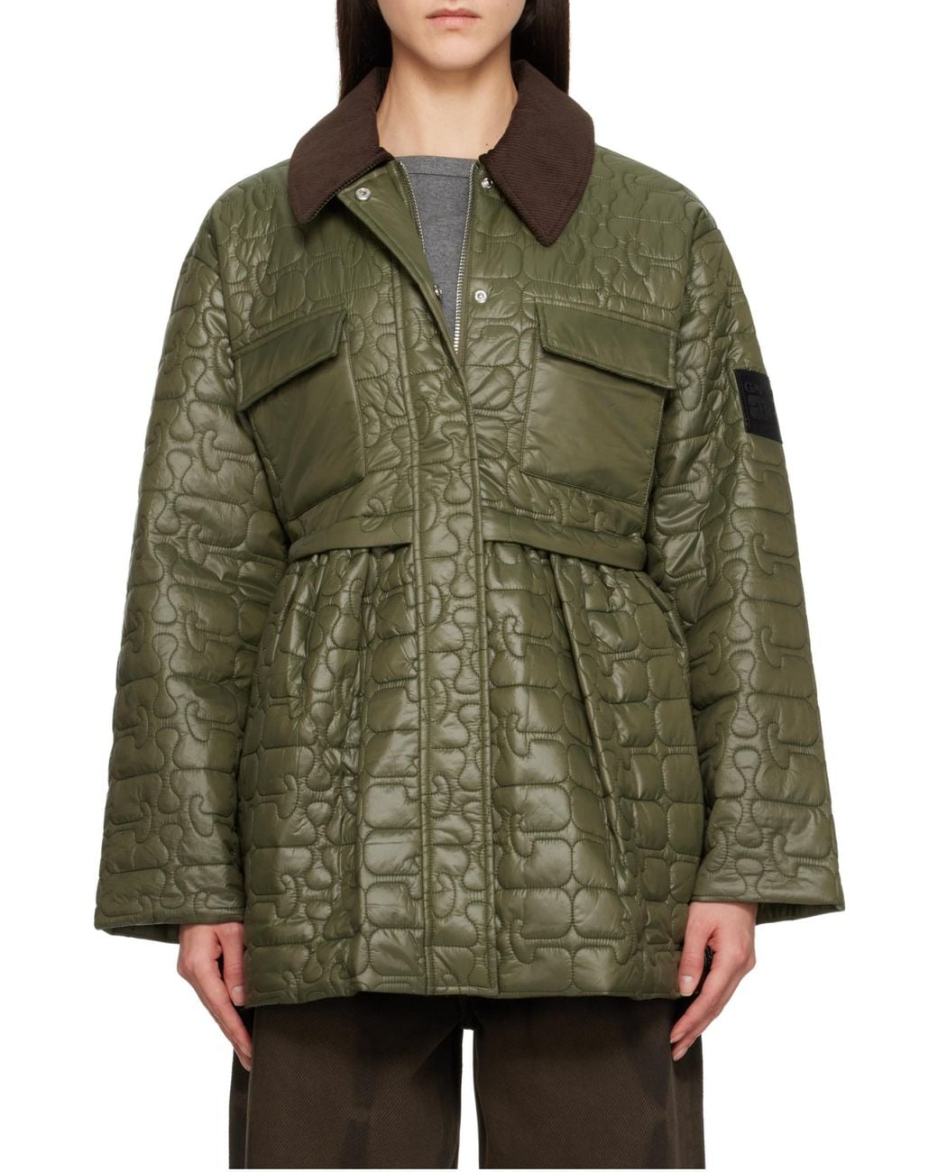 Ganni Green Quilt Midi Jacket