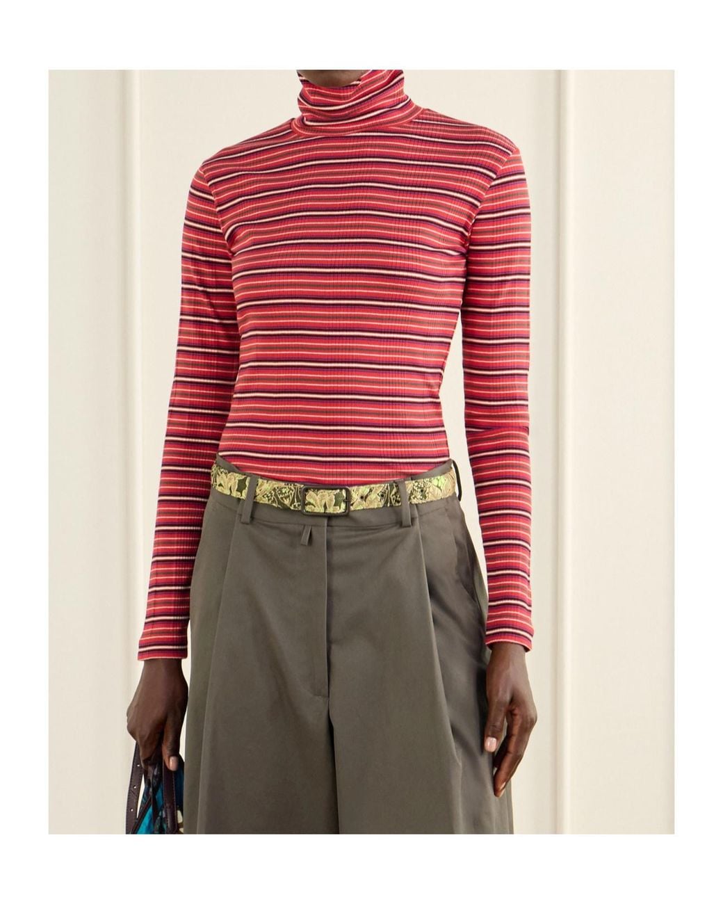 Dries Van Noten Red Striped Ribbed Cotton-Blend Turtleneck Sweater