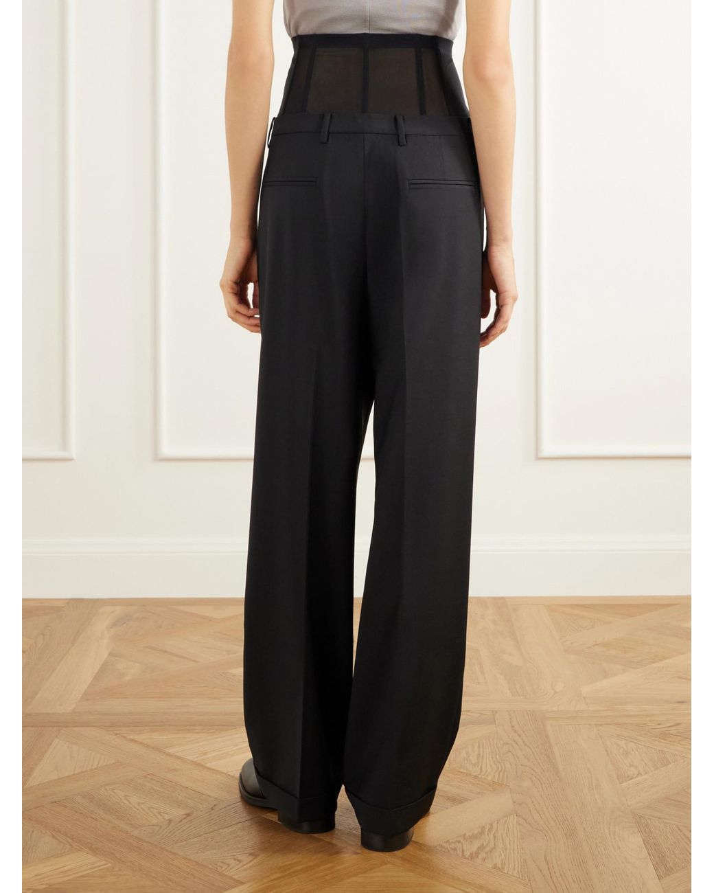 Tibi Black Mesh-Trimmed Pleated Fresco Straight-Leg Pants