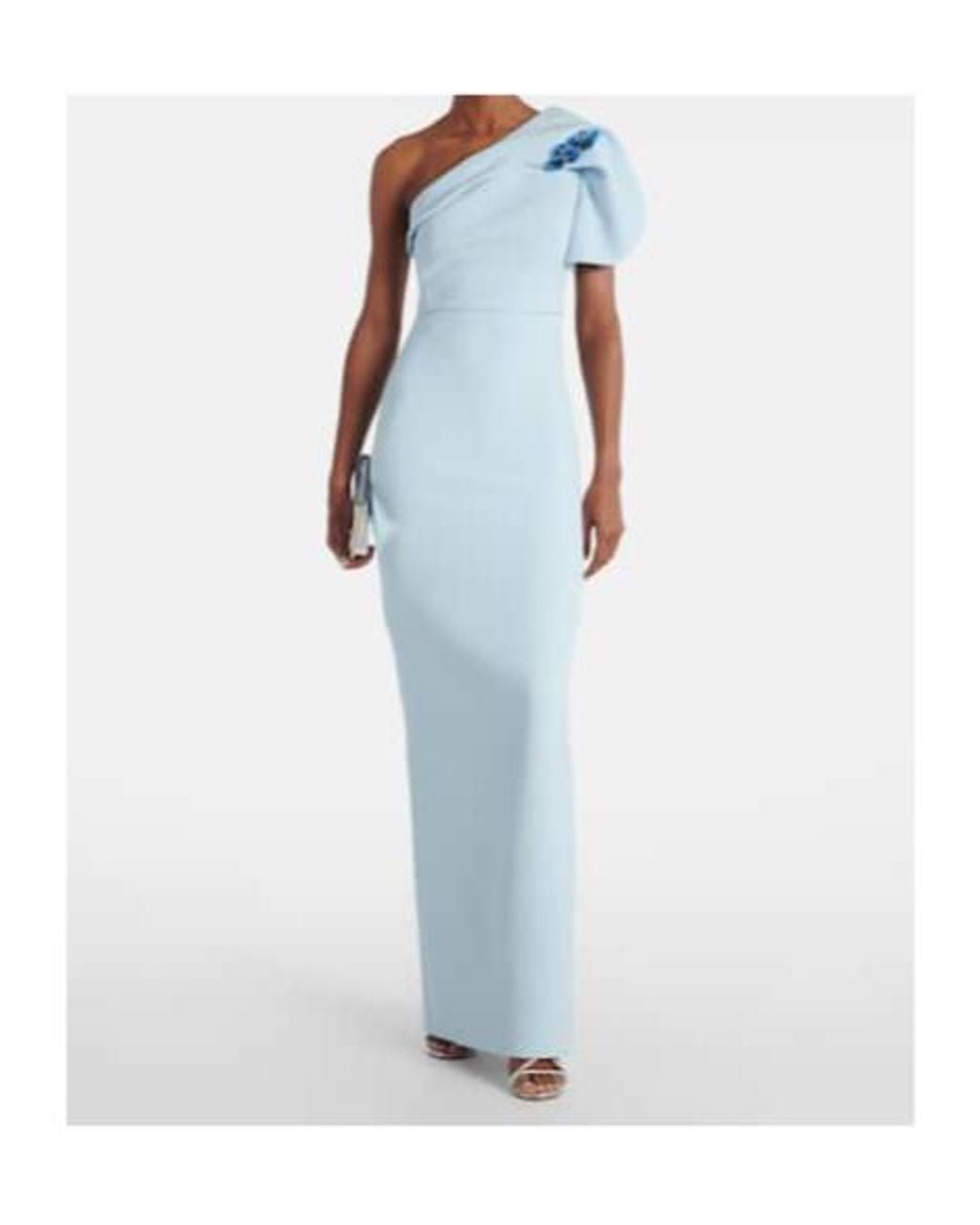 Safiyaa Blue One-Shoulder Belted Crêpe Gown