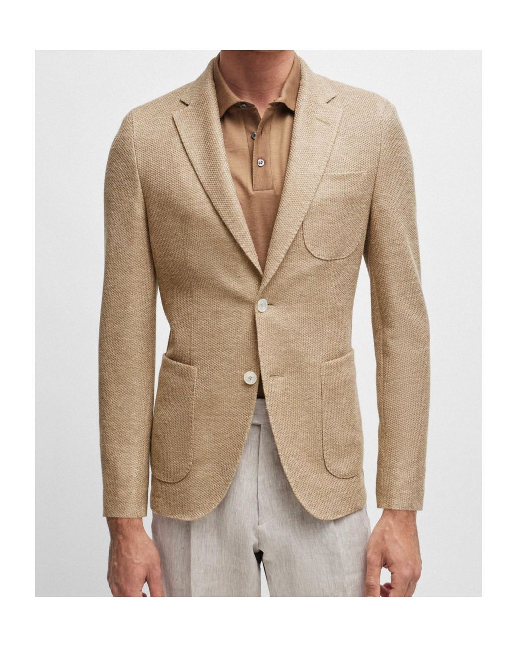 Boss Brown Single-Breasted Linen-Blend Blazer for men