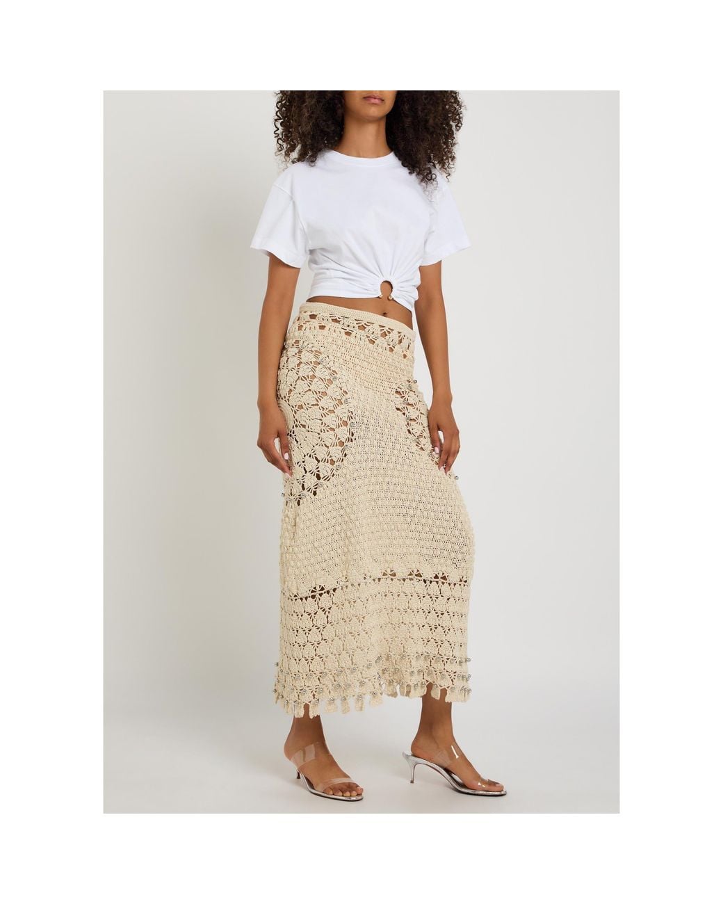 Rabanne Natural Semi-Sheer Woven Cutout Midi Skirt
