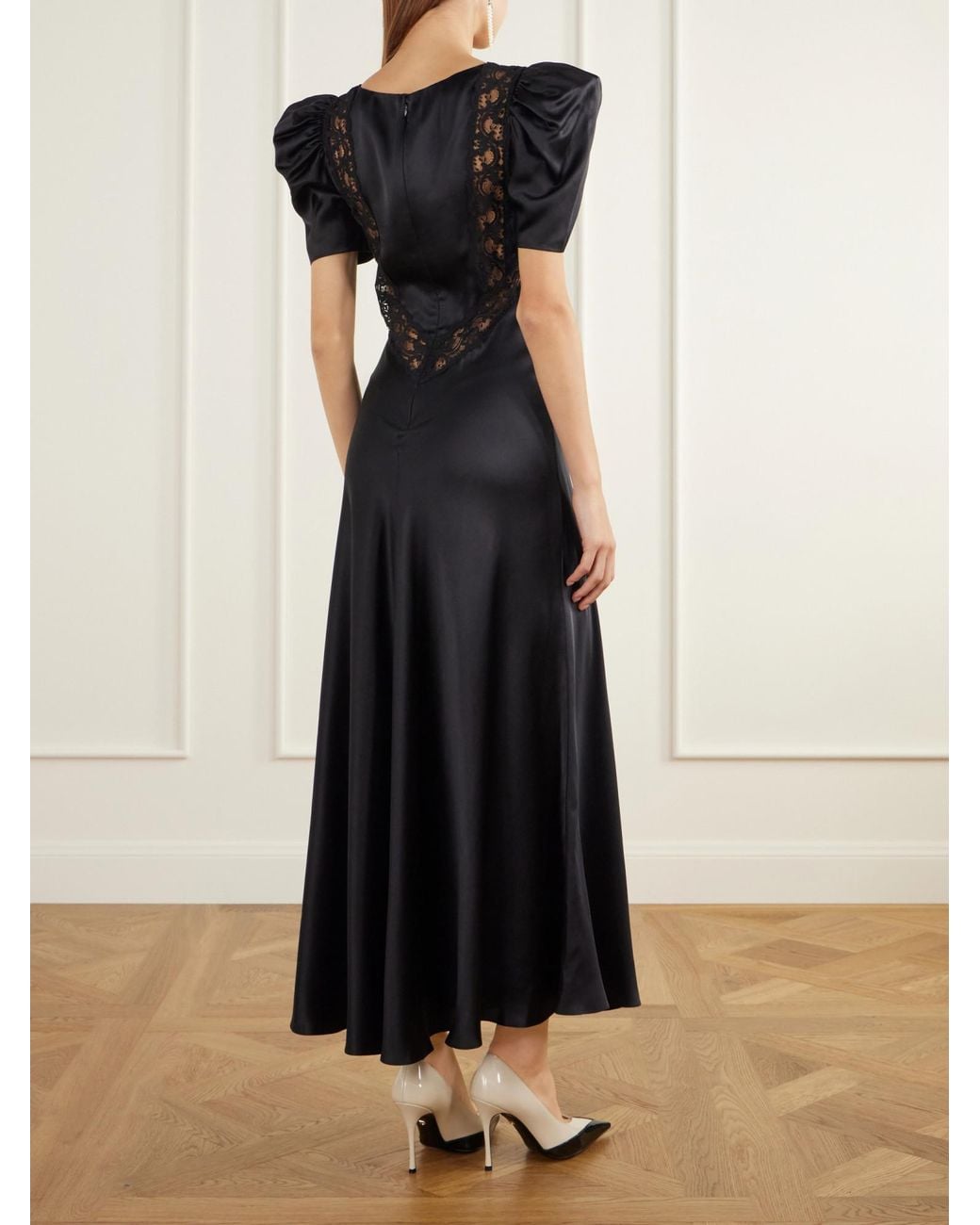 Rodarte Black Lace-Trimmed Silk-Satin Gown