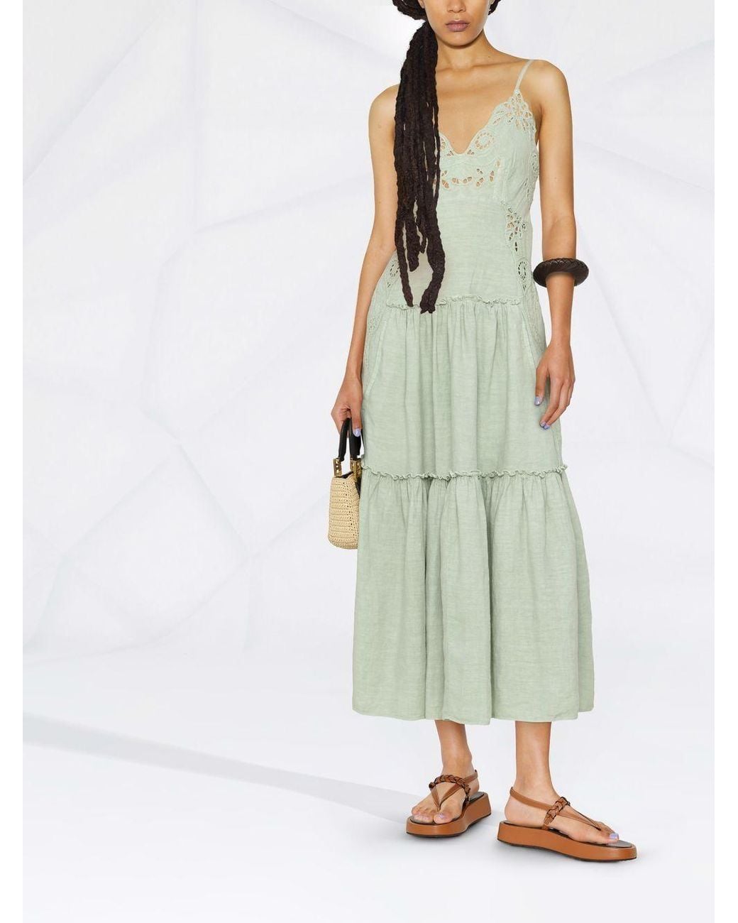 Alberta Ferretti Green Macramé Tiered Maxi Dress