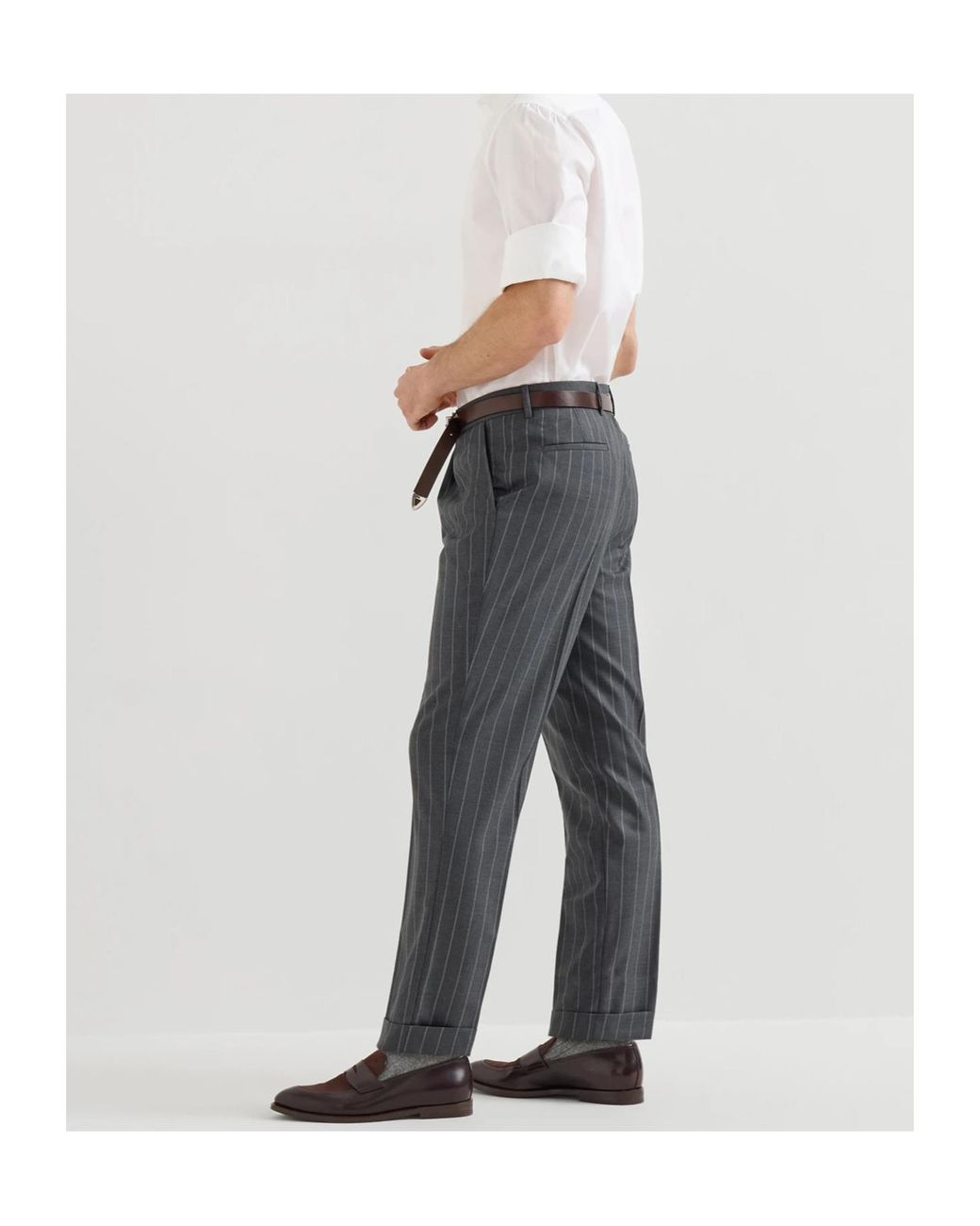 Brunello Cucinelli Gray Super 150S Virgin Wool Wide Chalk Stripe Batavia Trousers With Pleat for men