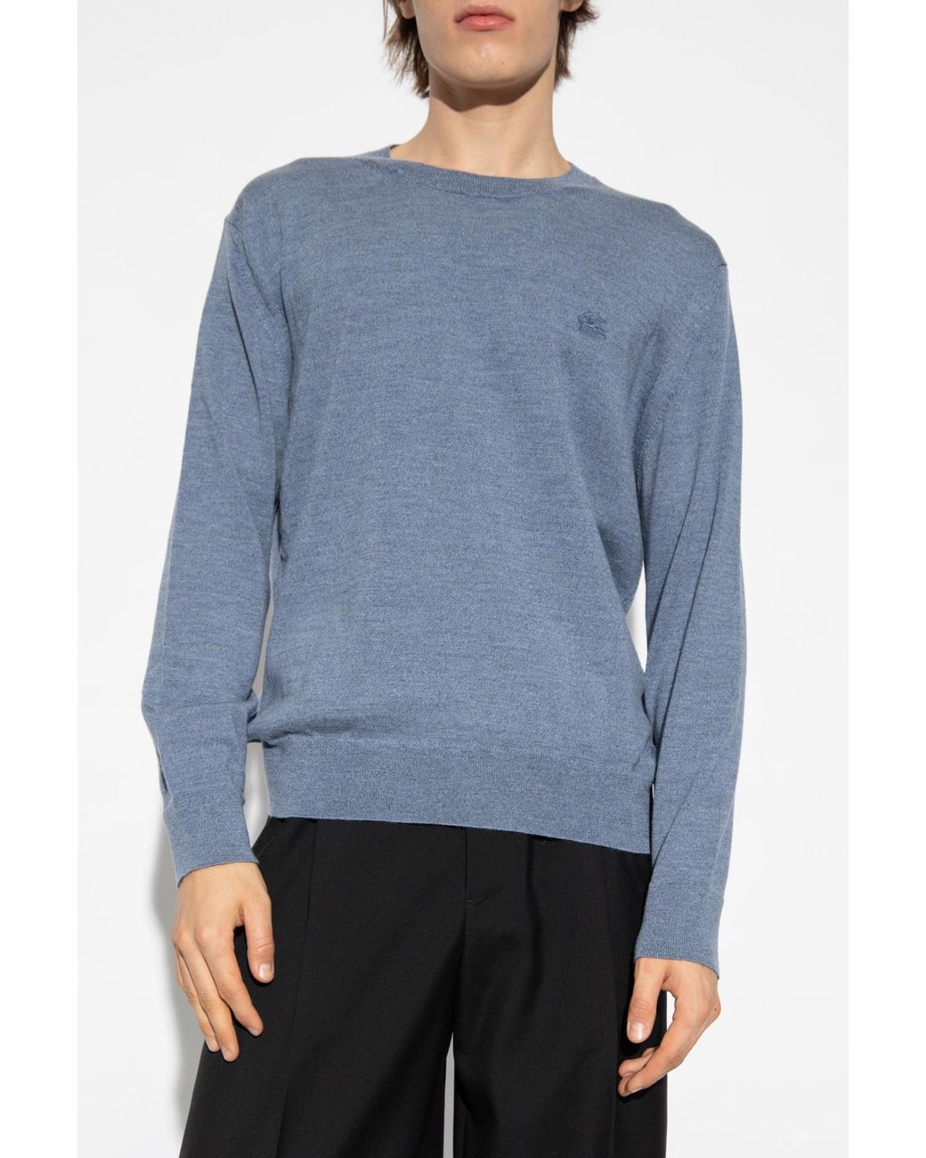 Etro Blue Logo-Embroidered Crewneck Knitted Jumper for men