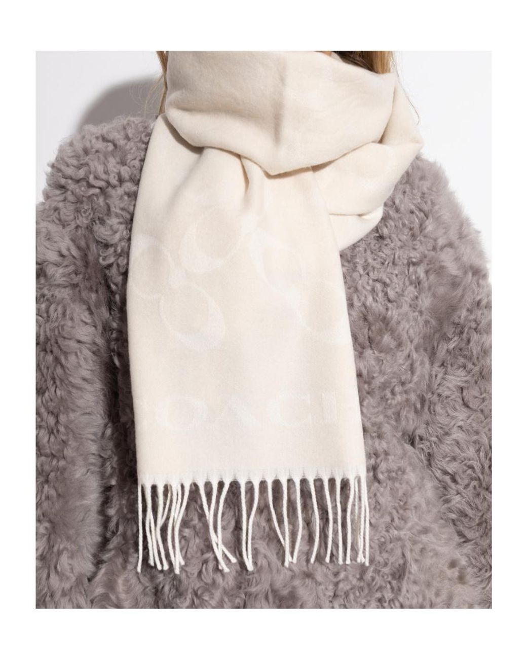 COACH White Fringed Logo Scarf