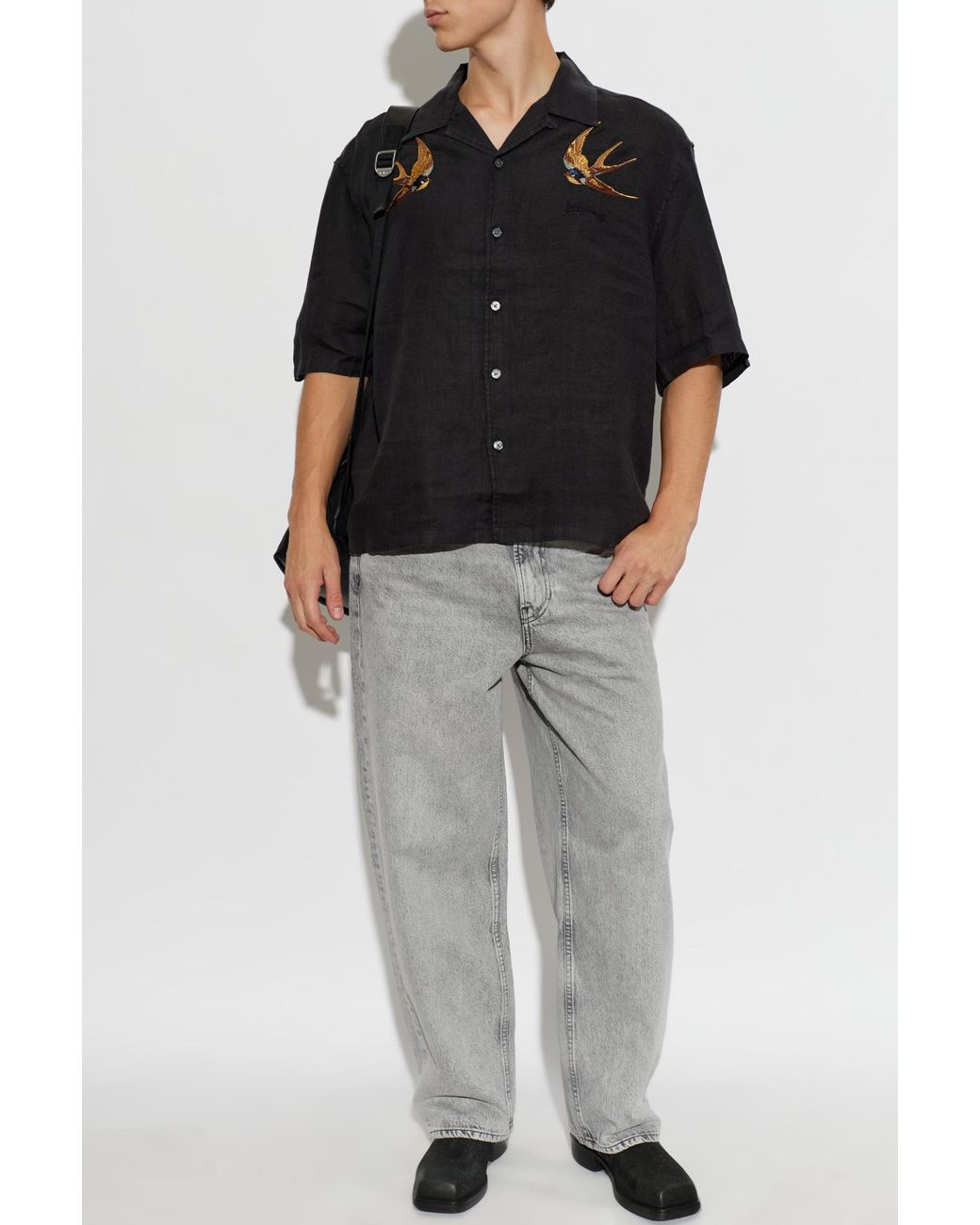 AllSaints Black Avia Embroidered Short-Sleeve Shirt for men