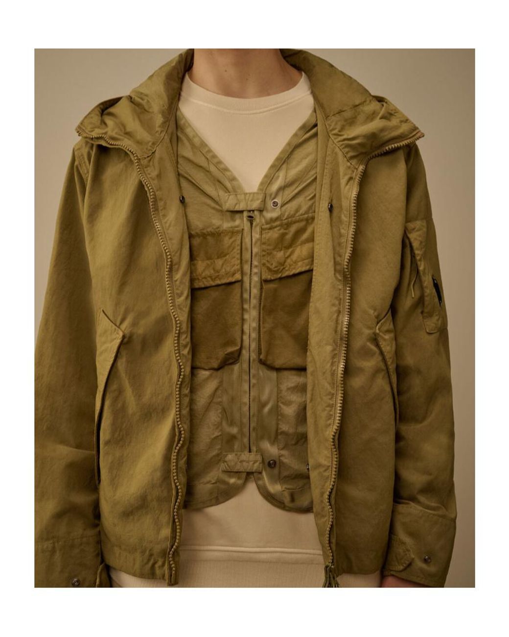 C P Company Green Twill Vest-Lined Hooded Jacket for men