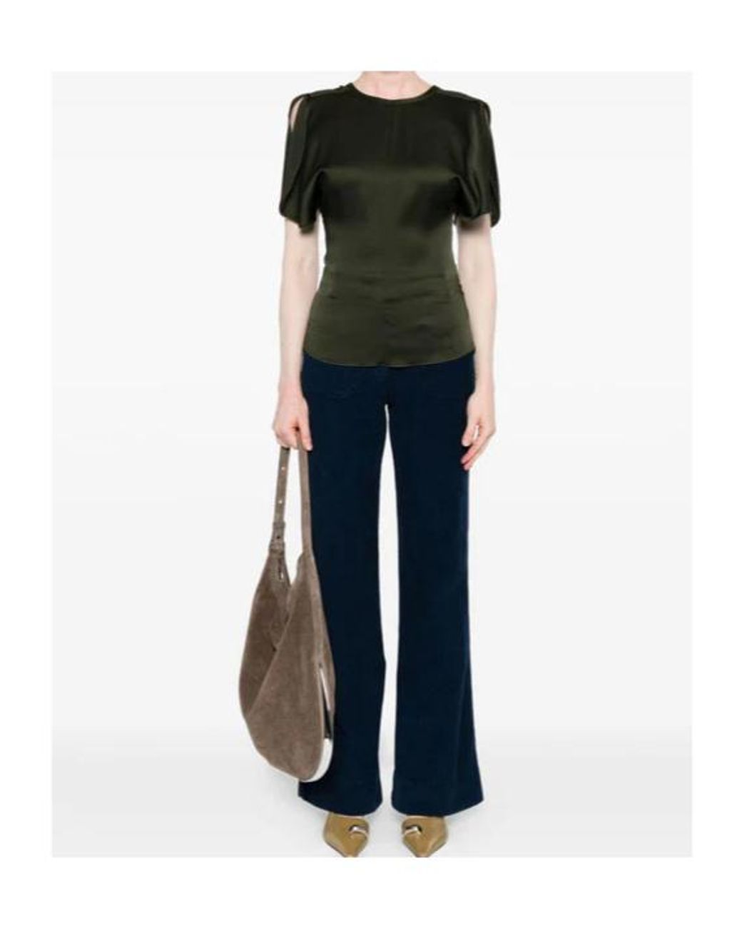 Victoria Beckham Green Crewneck Draped-Sleeve Blouse