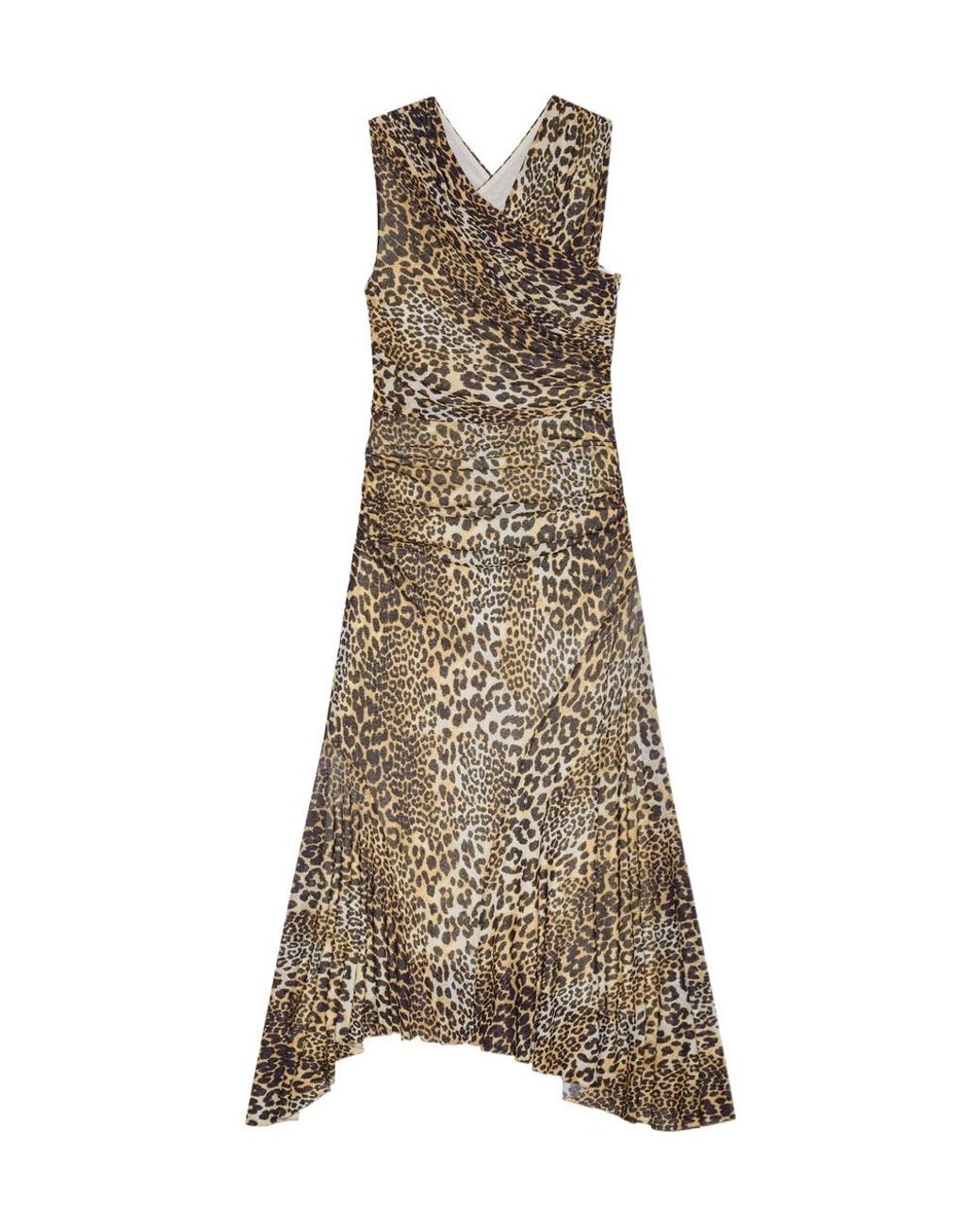 Ganni Natural Leopard Ruched V-Neck Dress