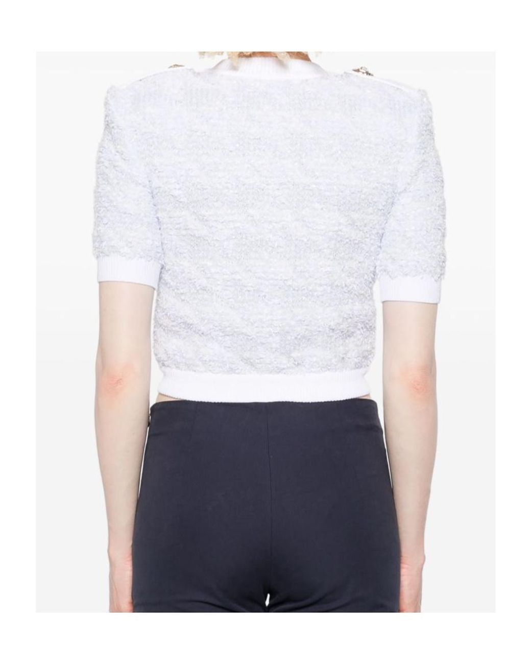 Balmain White Short-Sleeve Tweed Cardigan