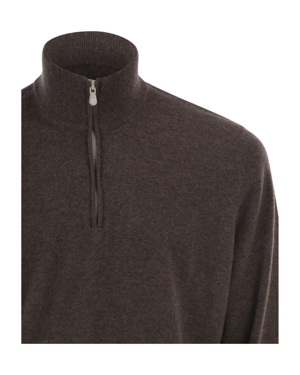 Brunello Cucinelli Gray Funnel-Neck Knitted Polo Shirt for men