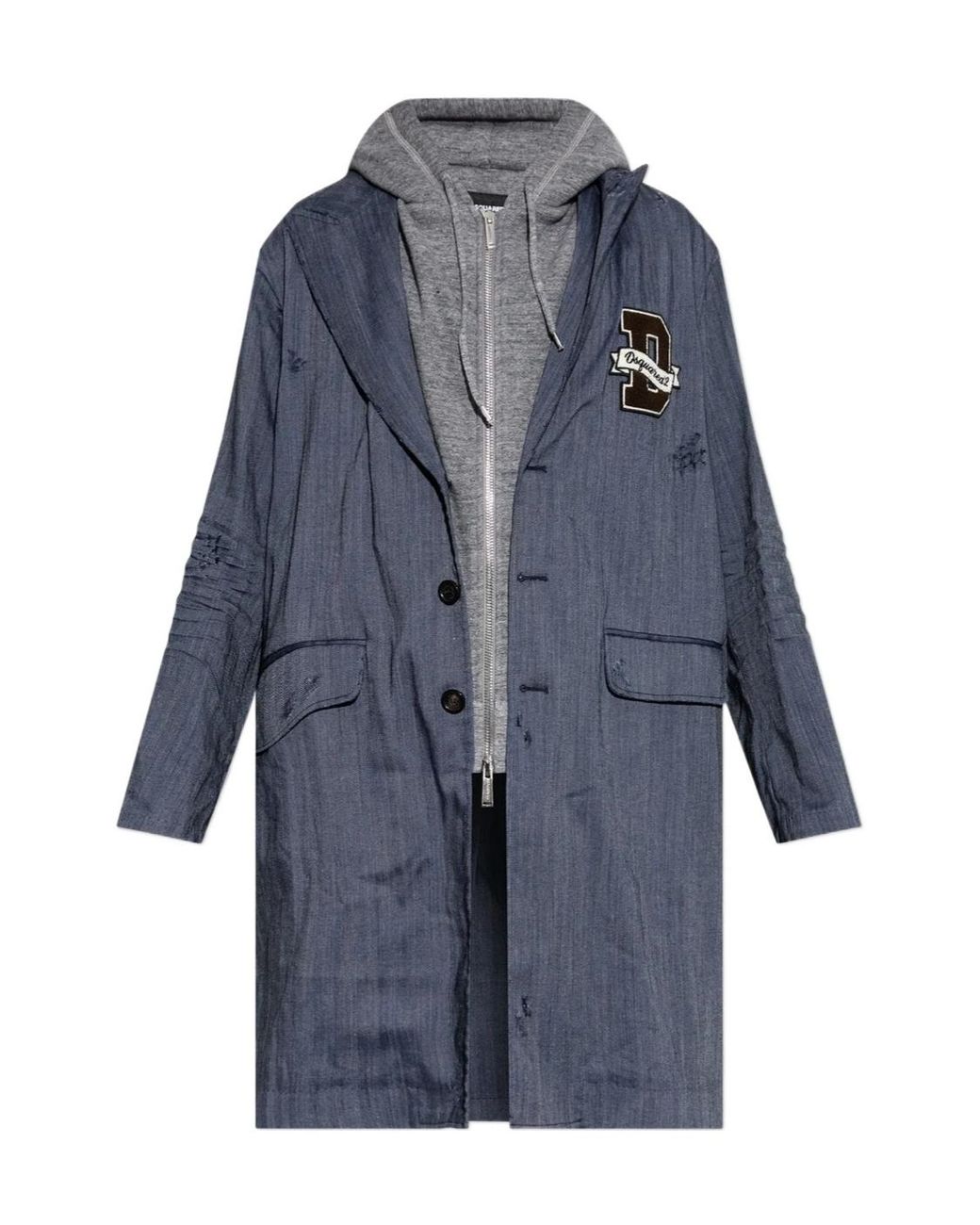 DSquared² Blue Hooded Logo-Patch Coat for men