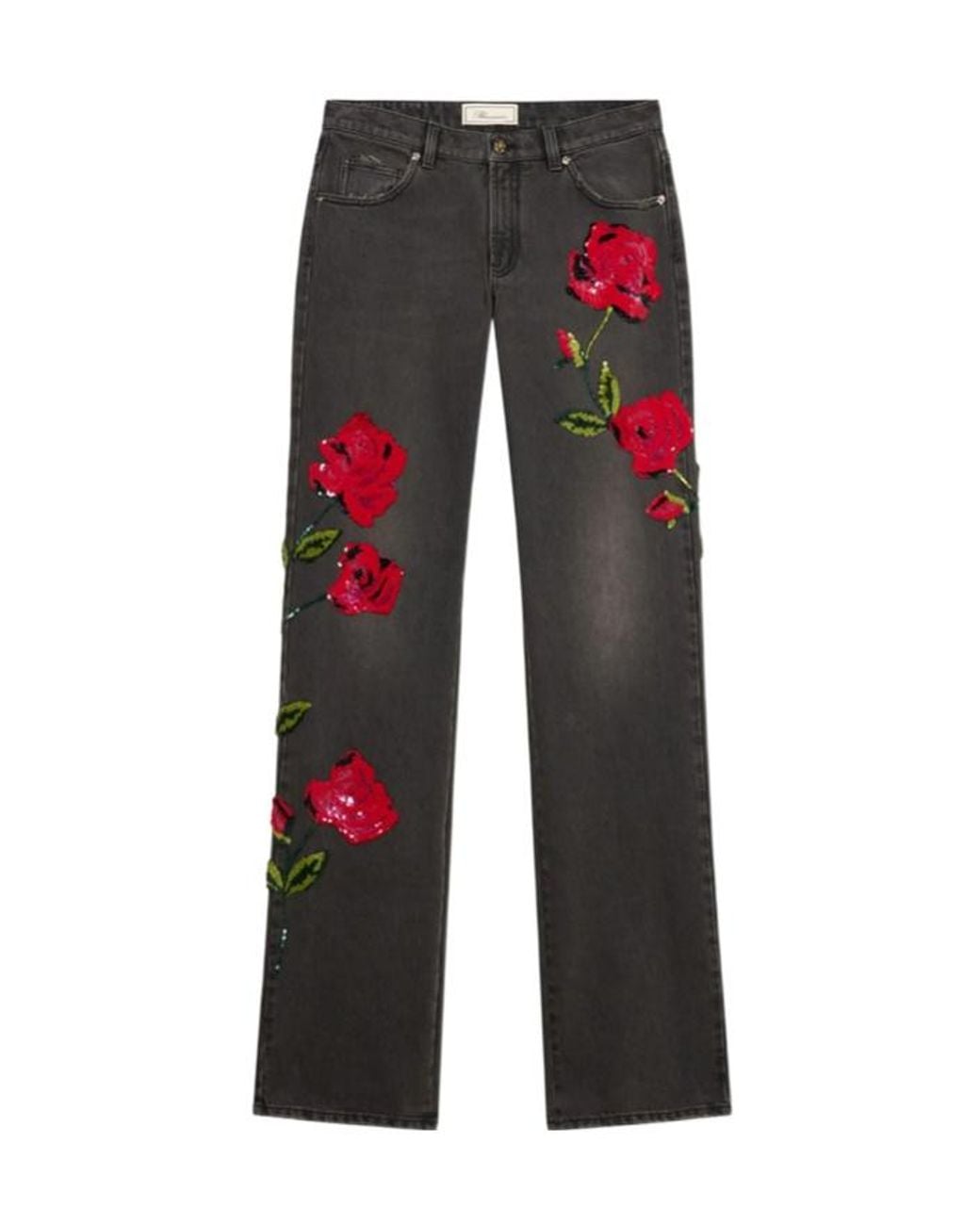 Blumarine Red Wide-Leg Jeans With Sequin Embroidery
