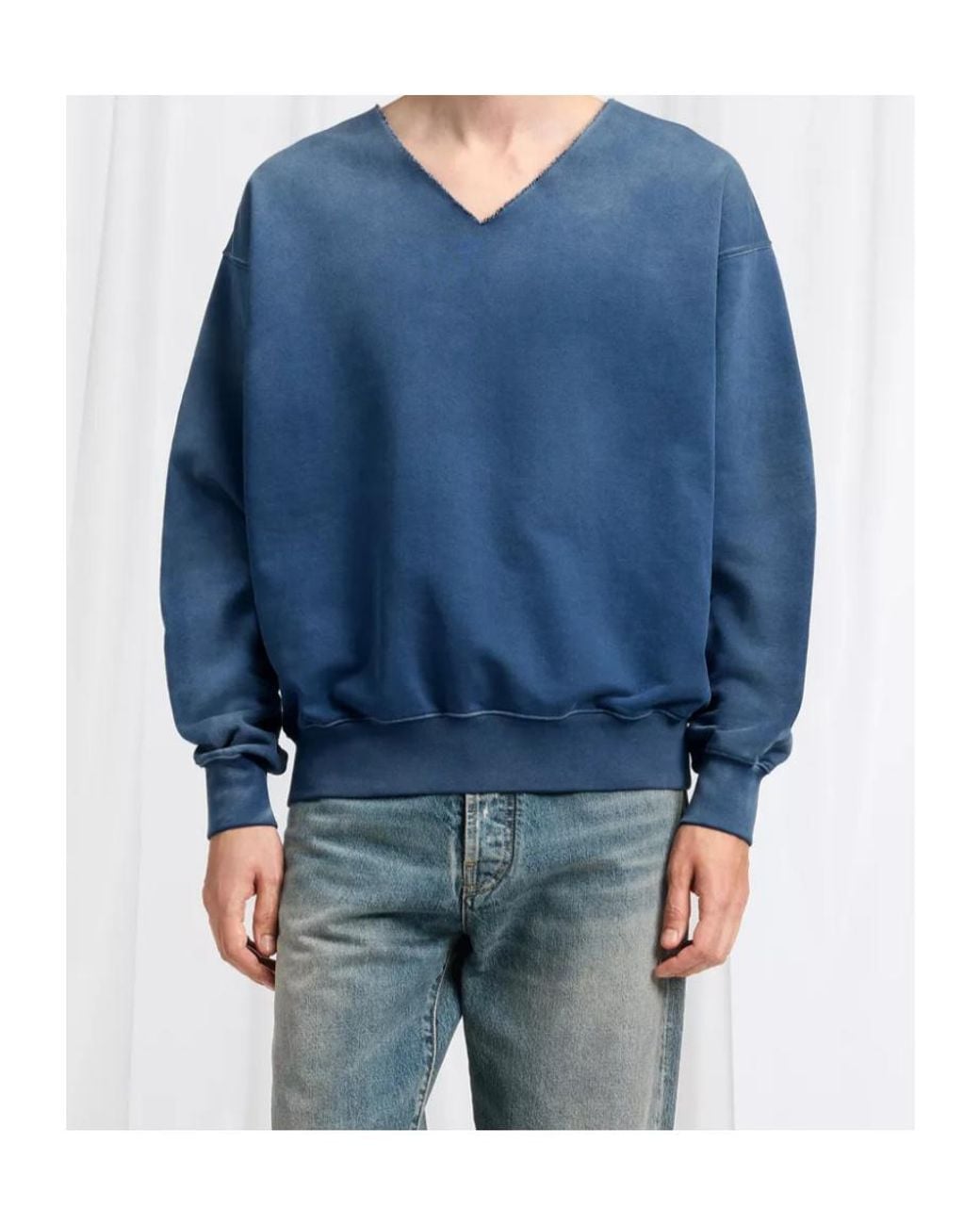 Maison Margiela Blue Washed V-Neck Cotton Sweatshirt for men