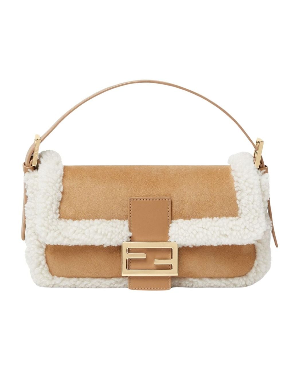 Fendi White Baguette 26424 Camel-Colored Shearling Bag