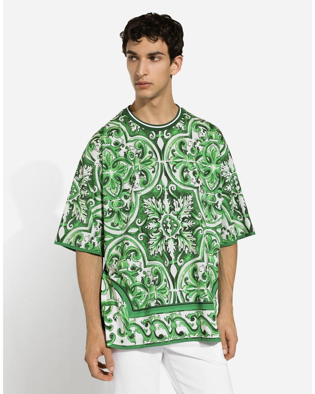 Dolce & Gabbana Green Majolica Printed Crewneck T-Shirt for men