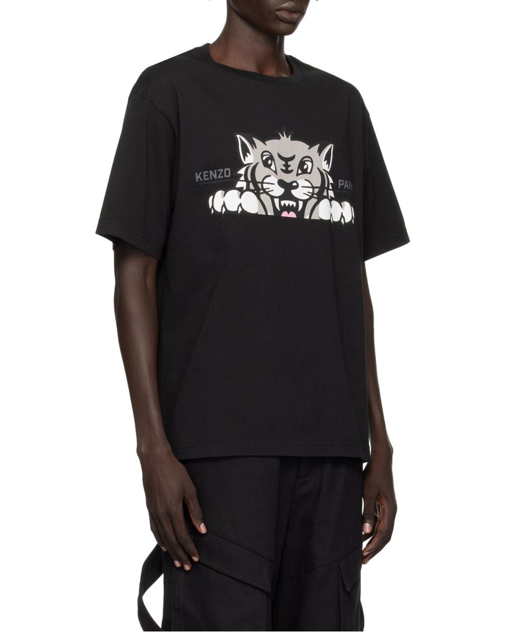 KENZO Black Happy Tiger Printed Crewneck T-Shirt for men