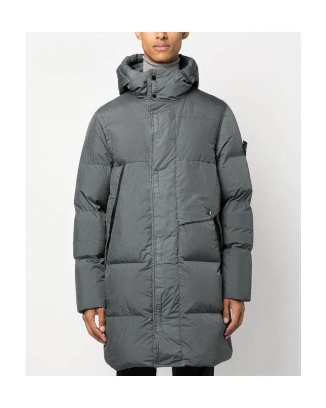 Stone Island Gray Compass-Motif Duck-Down Hooded Coat for men