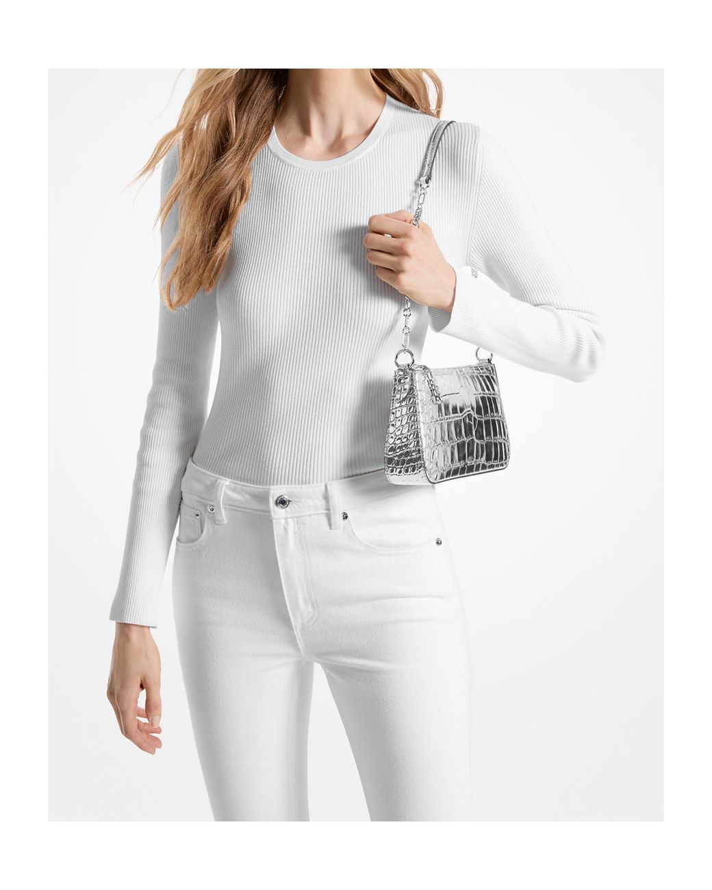 MICHAEL Michael Kors White Empire Medium Metallic Embossed Chain-Link Pochette