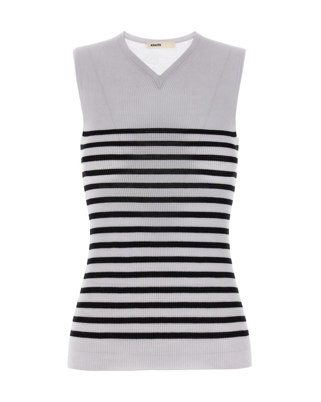 Khaite White Striped V-Neck Knit Tank Top
