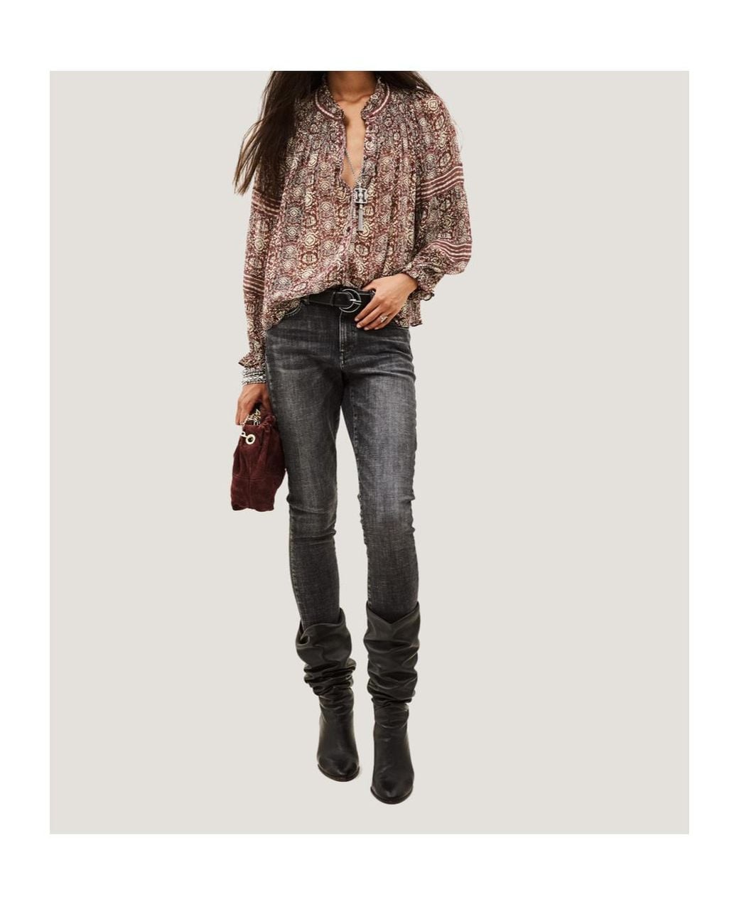 Ba&sh Brown Floral-Print Smocked Blouse