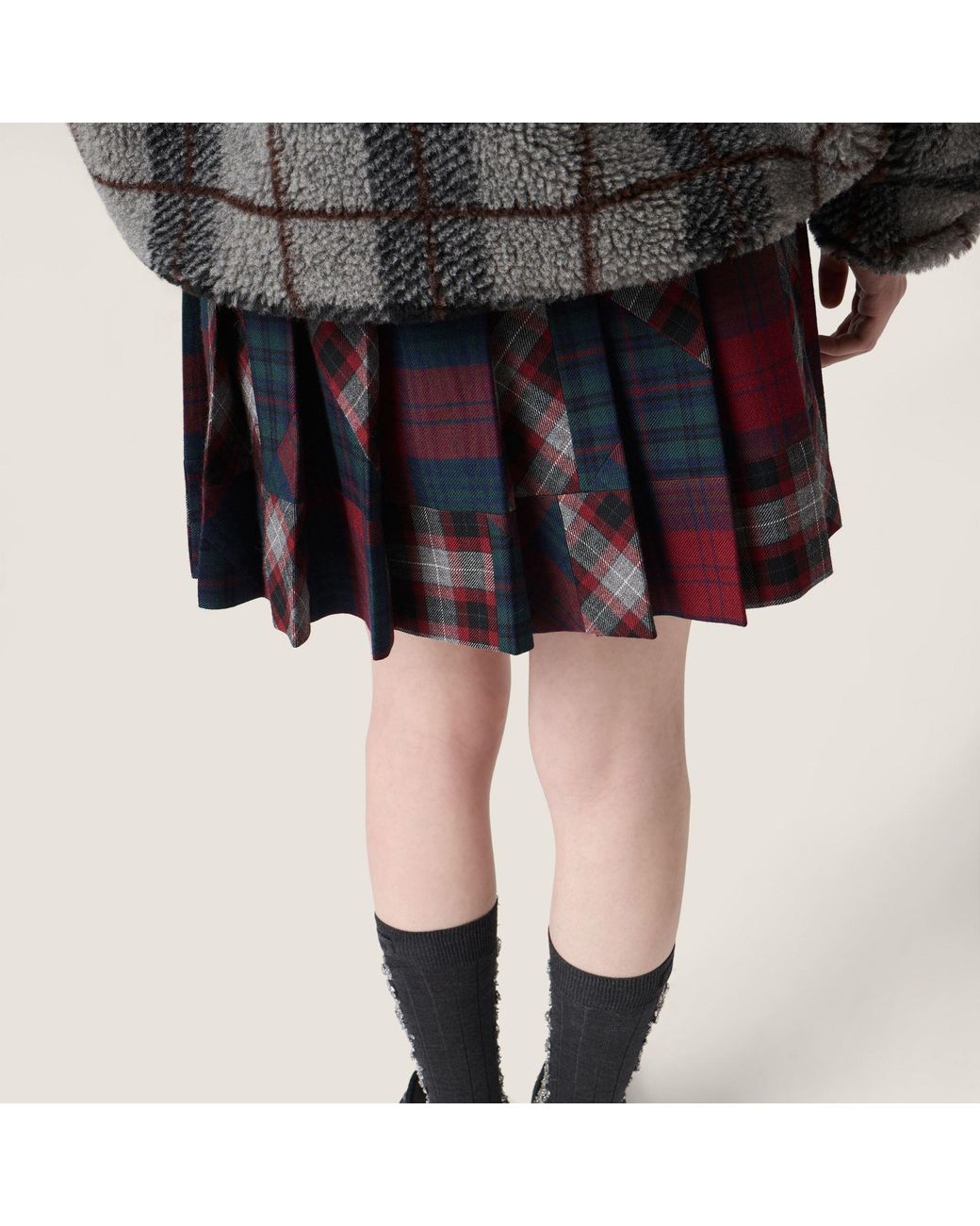 Miu Miu Red Pleated Plaid Patchwork Miniskirt