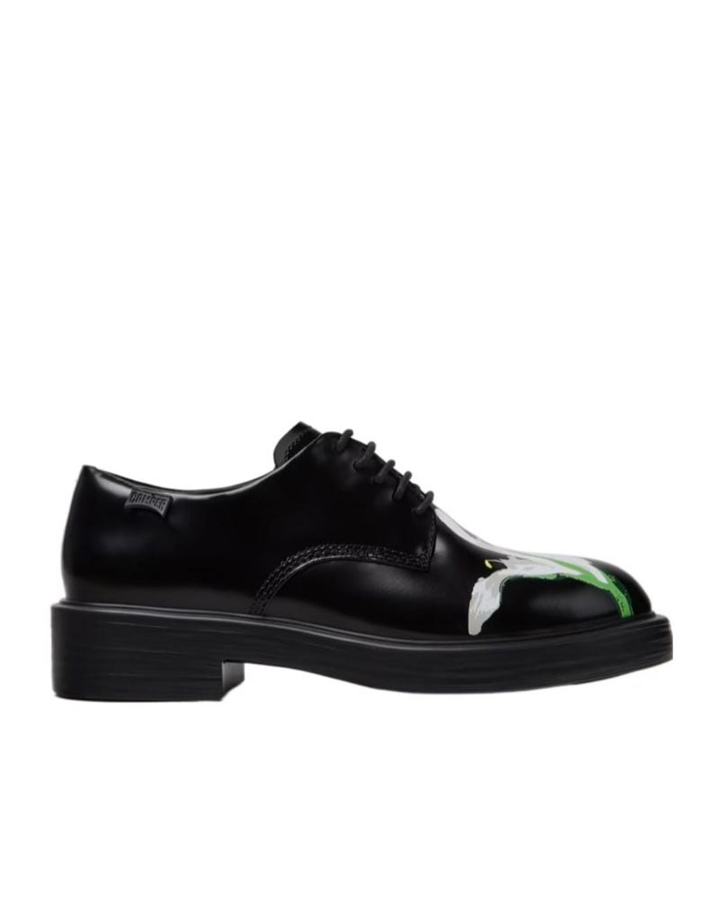 Camper Black Twins Floral-Print Leather Derby Shoes