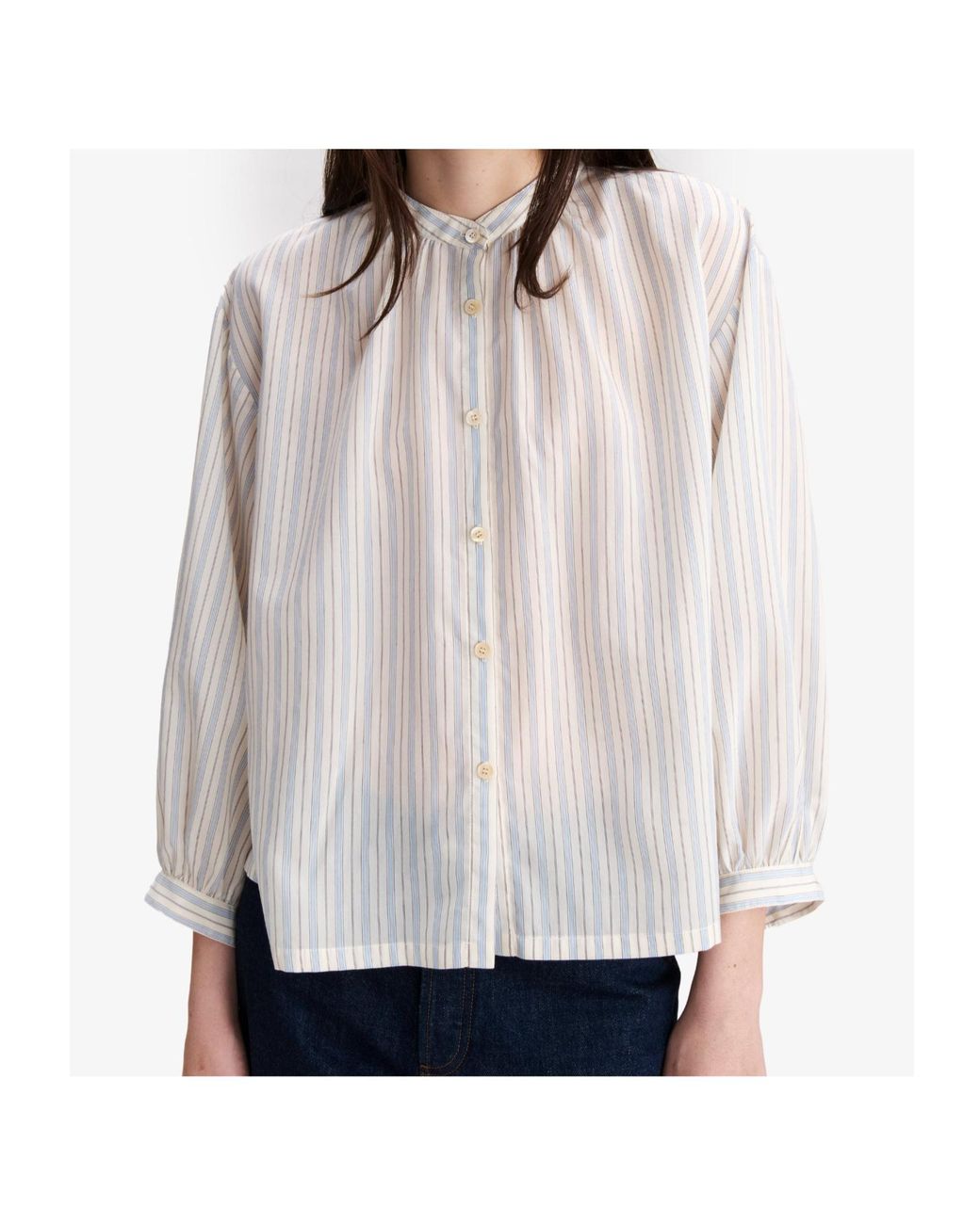 A.P.C. White Striped Band-Collar Shirt