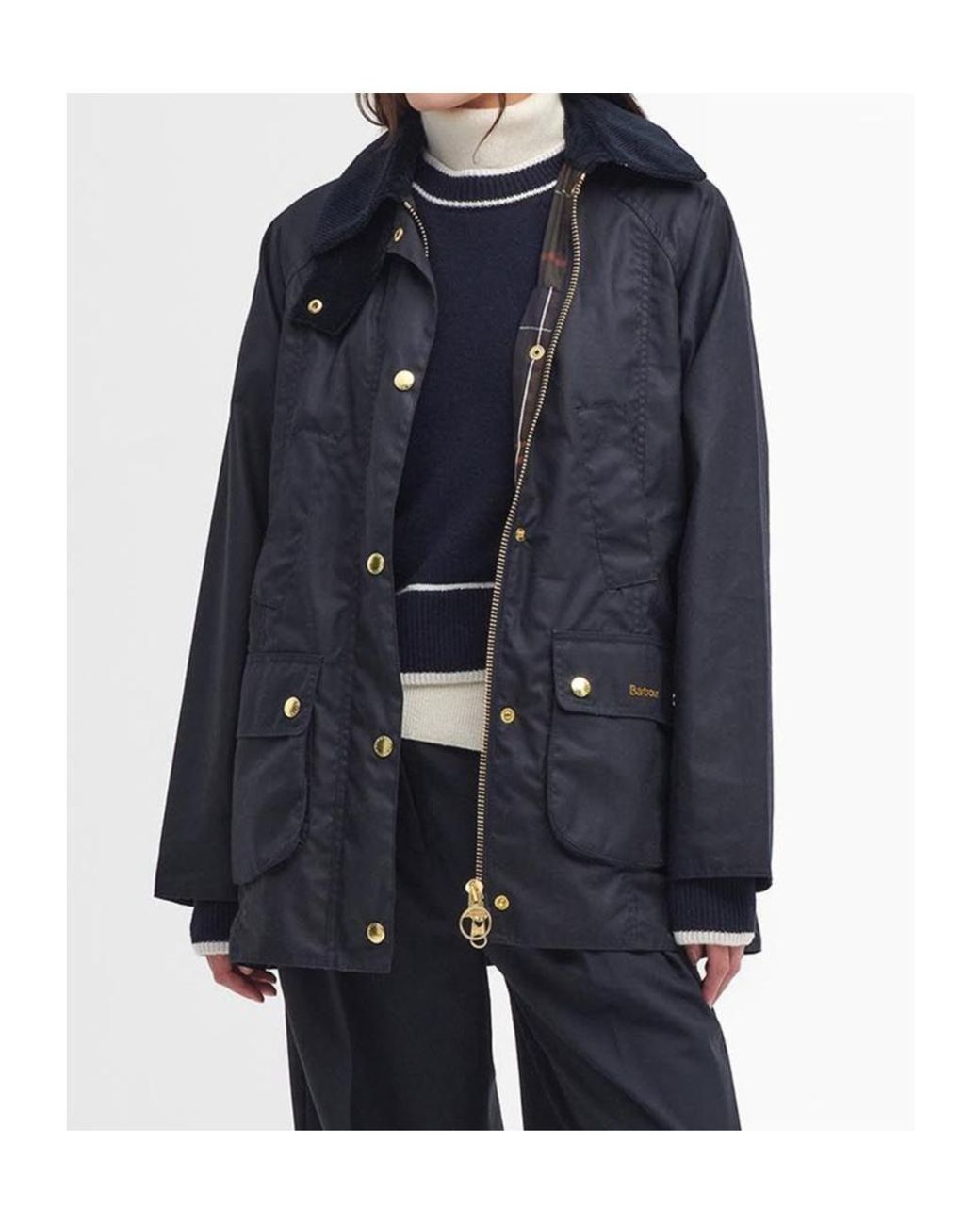 Barbour Blue Beadnell Waxed Corduroy-Collar Coat