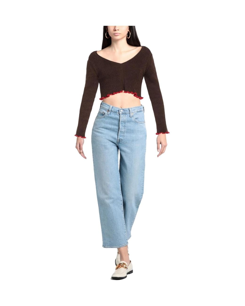 Jacquemus Brown Solid-Colored V-Neck Cropped Knit Top