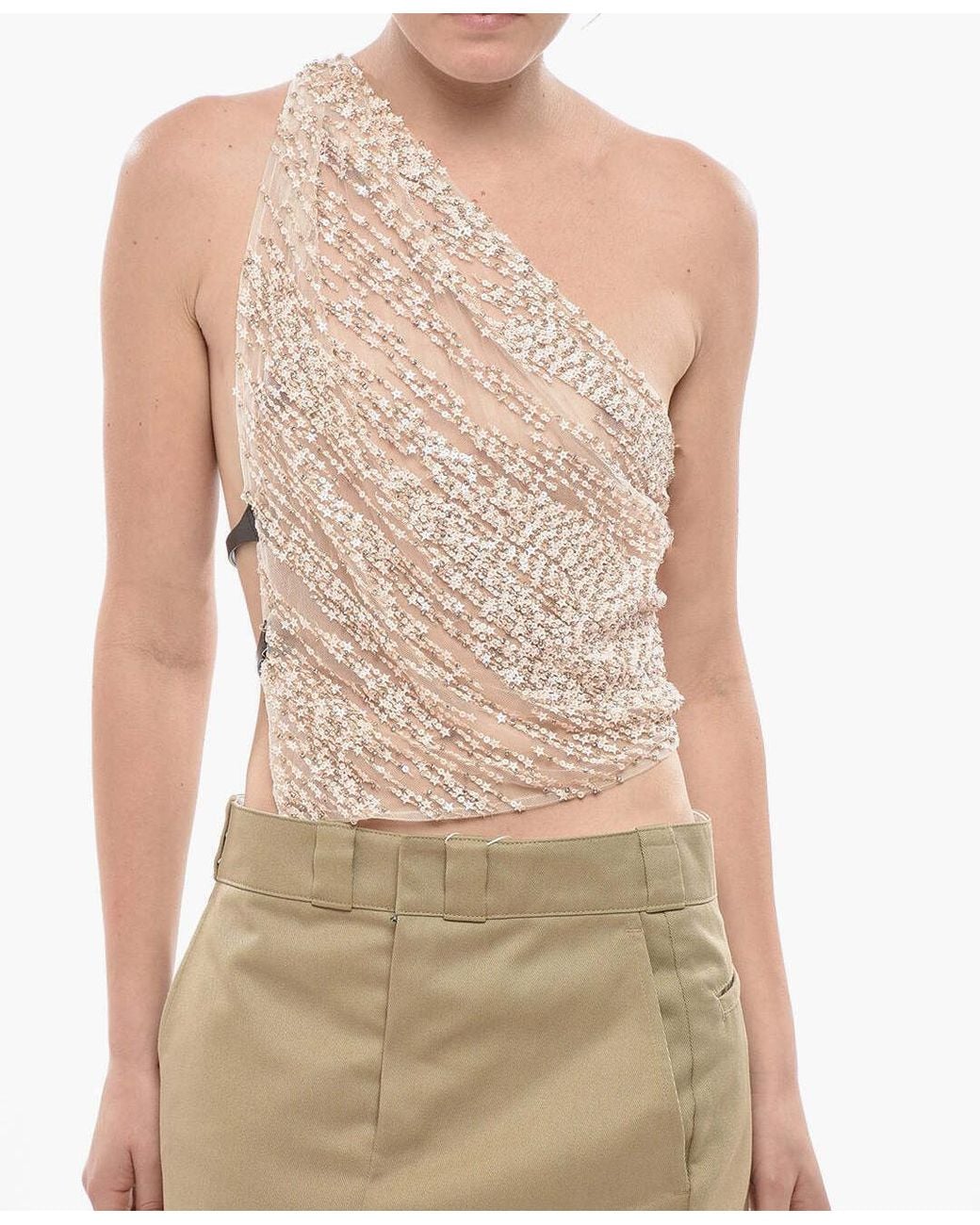 DSquared² Natural Sequin-Embellished One-Shoulder Top