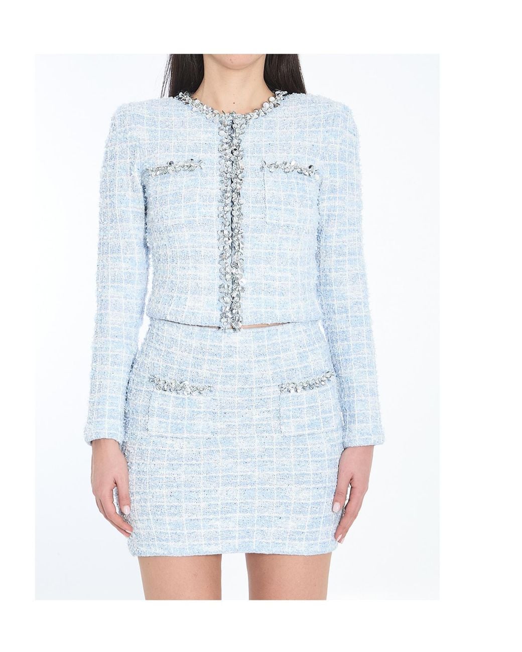 Self-Portrait Blue Cropped Tweed Blazer