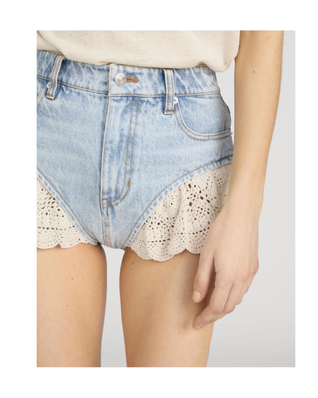 FRAME Blue Crochet Ruffle Denim Shorts