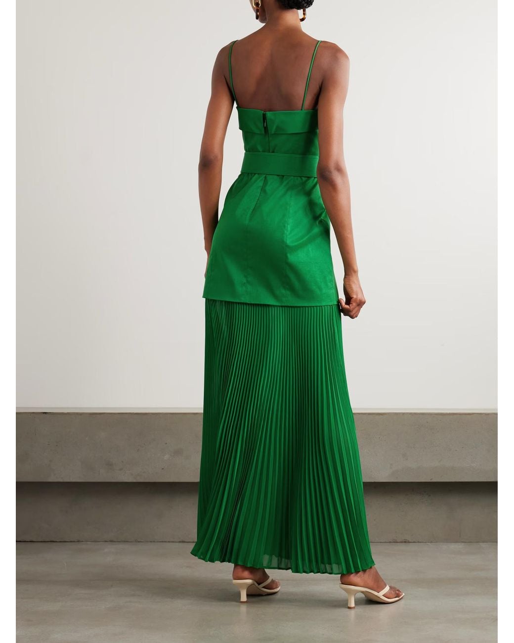 Rebecca Vallance Green Bailey Belted Pleated Crepe Maxi Dress