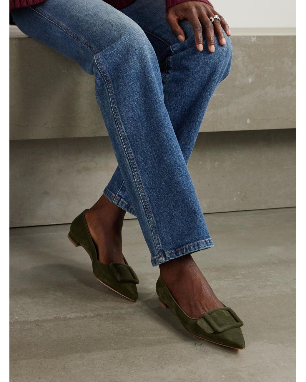Manolo Blahnik Green Maysale Buckle Suede Pointed-Toe Flats