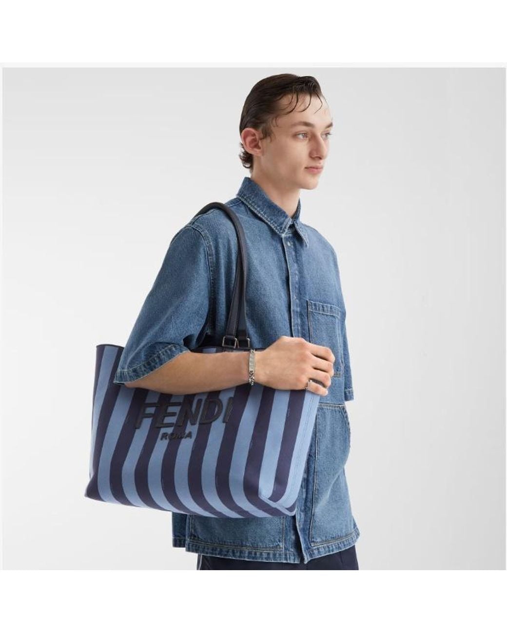 Fendi Blue Signature Pequin Jacquard Tote Bag for men